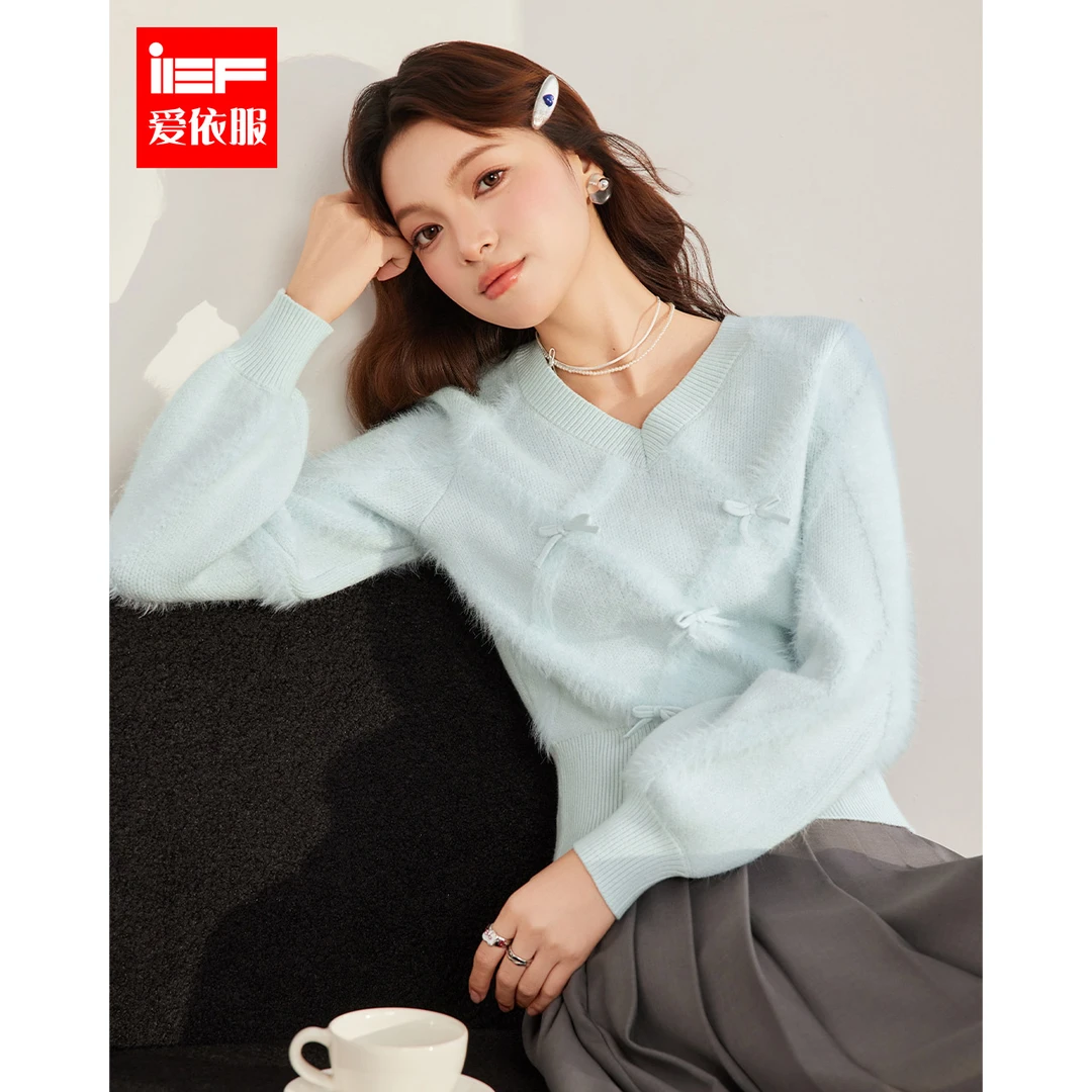 IEF/爱依服2025秋冬新款法式甜美气质蝴蝶结设计通勤百搭毛织上衣