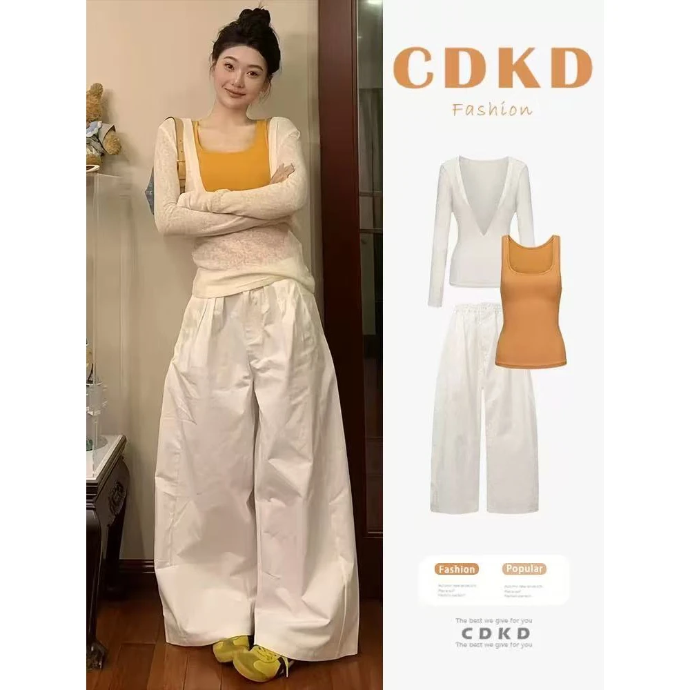 2025早秋新款韩系肌理感V领正肩透气长袖T恤罩衫橘色背心阔腿裤