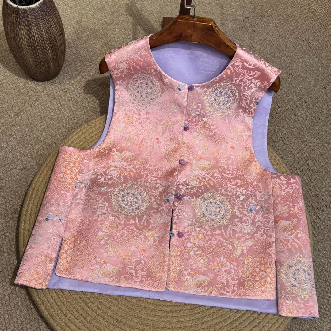 【粉紫凤纹】马夹圆领新中式女士提花缎马甲上衣提花百搭风