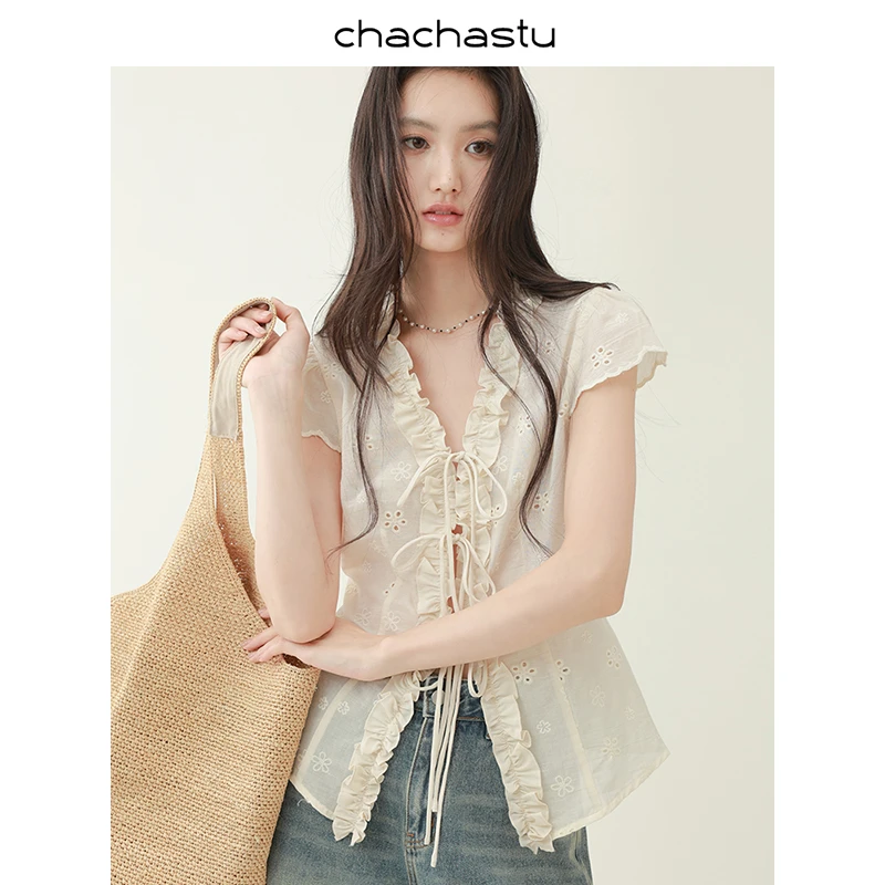 CHACHASTU【盛夏序章】奶油花瓣小飞袖 复古系带荷叶衬衫H4195W