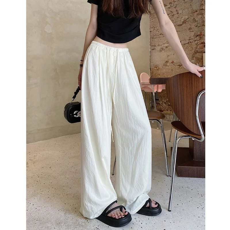 新款夏季时尚黑白褶皱复古抗皱窄版休闲裤薄款直筒裤阔腿裤拖地裤