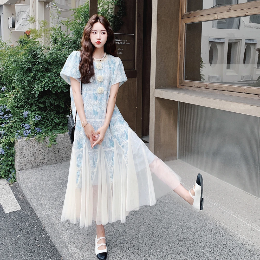 法式轻奢小香风夏季仙气蕾丝拼接网纱连衣裙长裙氛围感显瘦裙子
