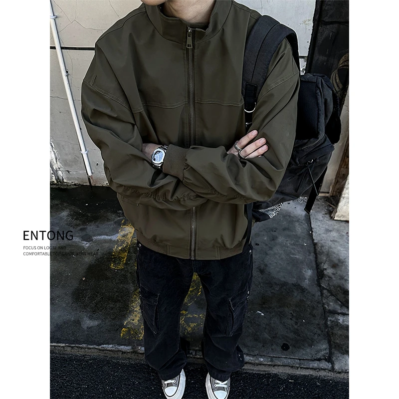 Entong美式飞行工装夹克男款秋季宽松褶皱立领cleanfit开衫外套潮