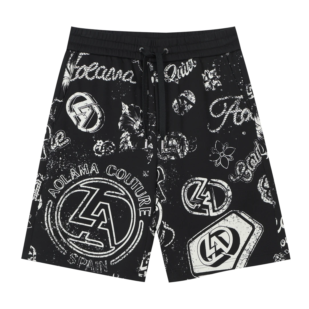 奥拉玛AOLAMA男士夏季薄款透气纯棉花卉logo徽章新休闲白黑色短裤