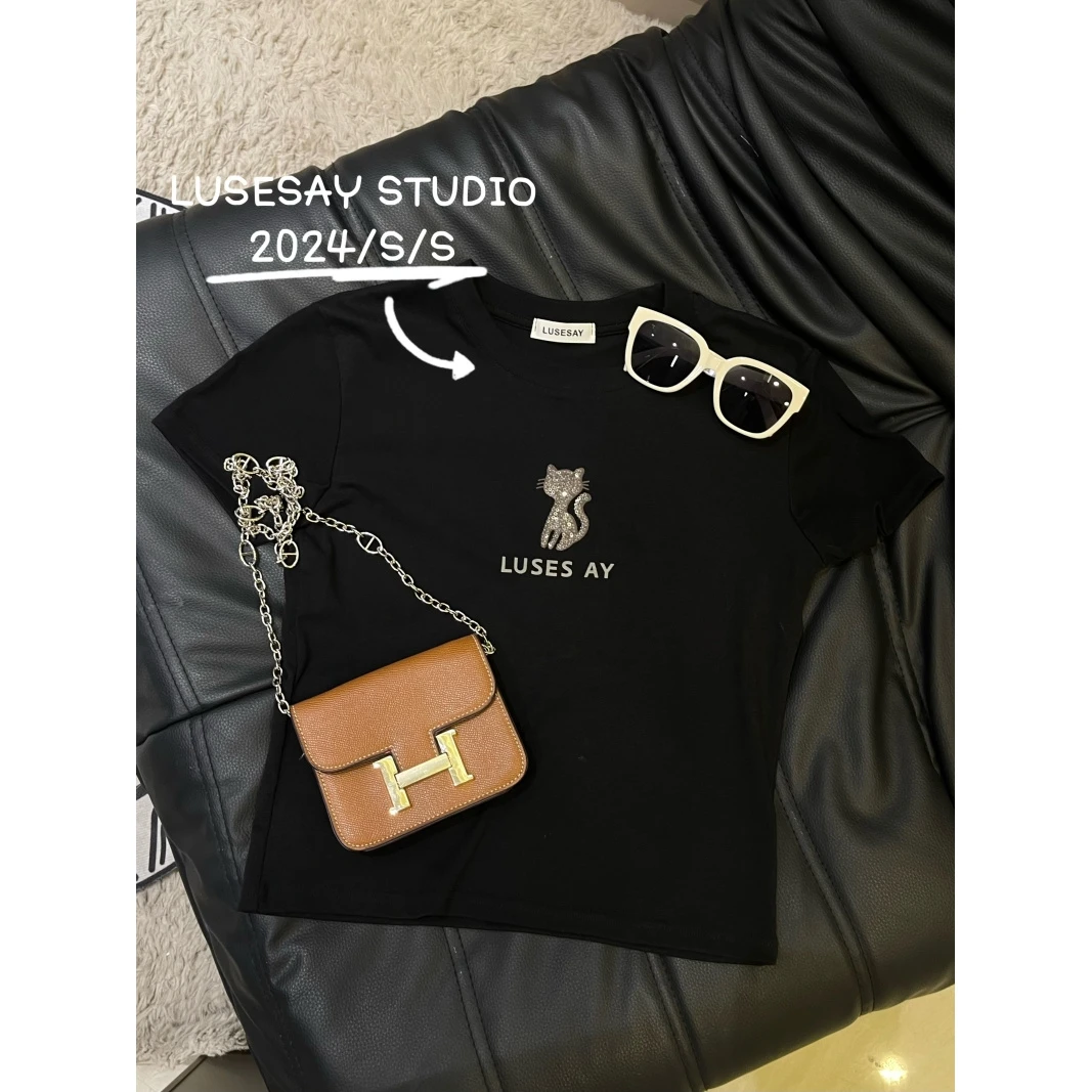 LUSESAY 亮片小猫咪 2025夏季新款显瘦百搭休闲短袖T恤女时尚上衣