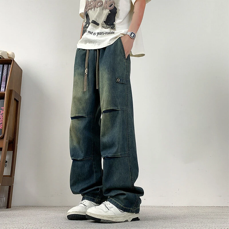 春季新款青少年大码休闲牛仔裤美式直筒百搭高街宽松休闲裤港风潮