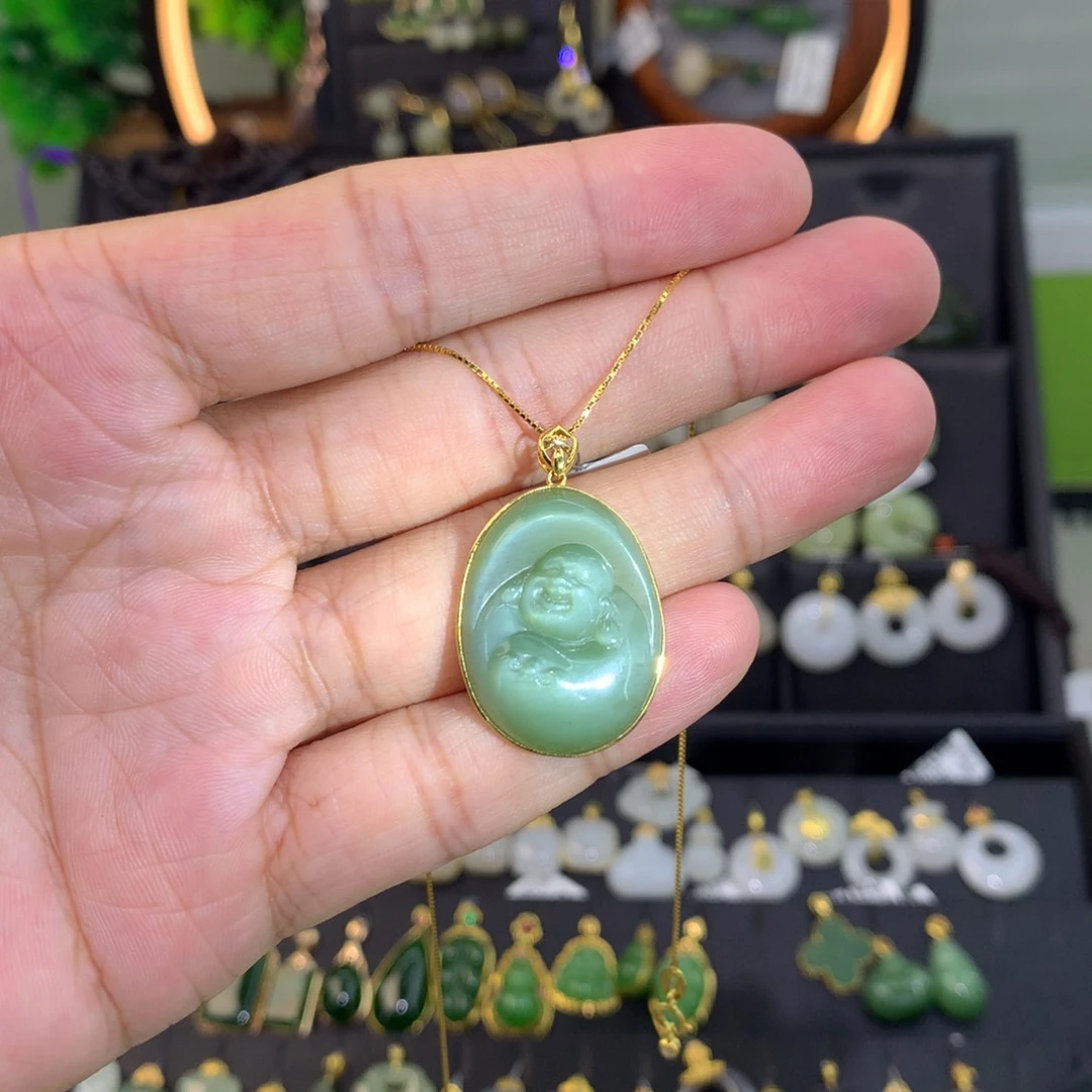 和田玉（碧玉）18K金镶嵌吊坠(赠链)