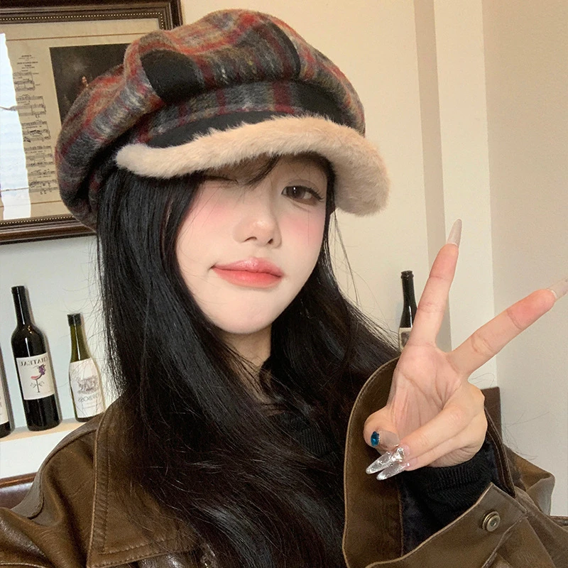 复古格子毛绒八角贝雷帽女2024年秋冬季保暖显脸小蓓蕾画家帽子潮