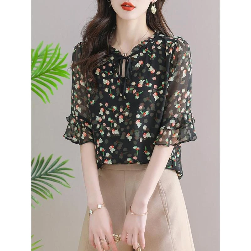 碎花雪纺衬衫女短袖夏季2025新款洋气时尚衬衣荷叶袖上衣气质小衫