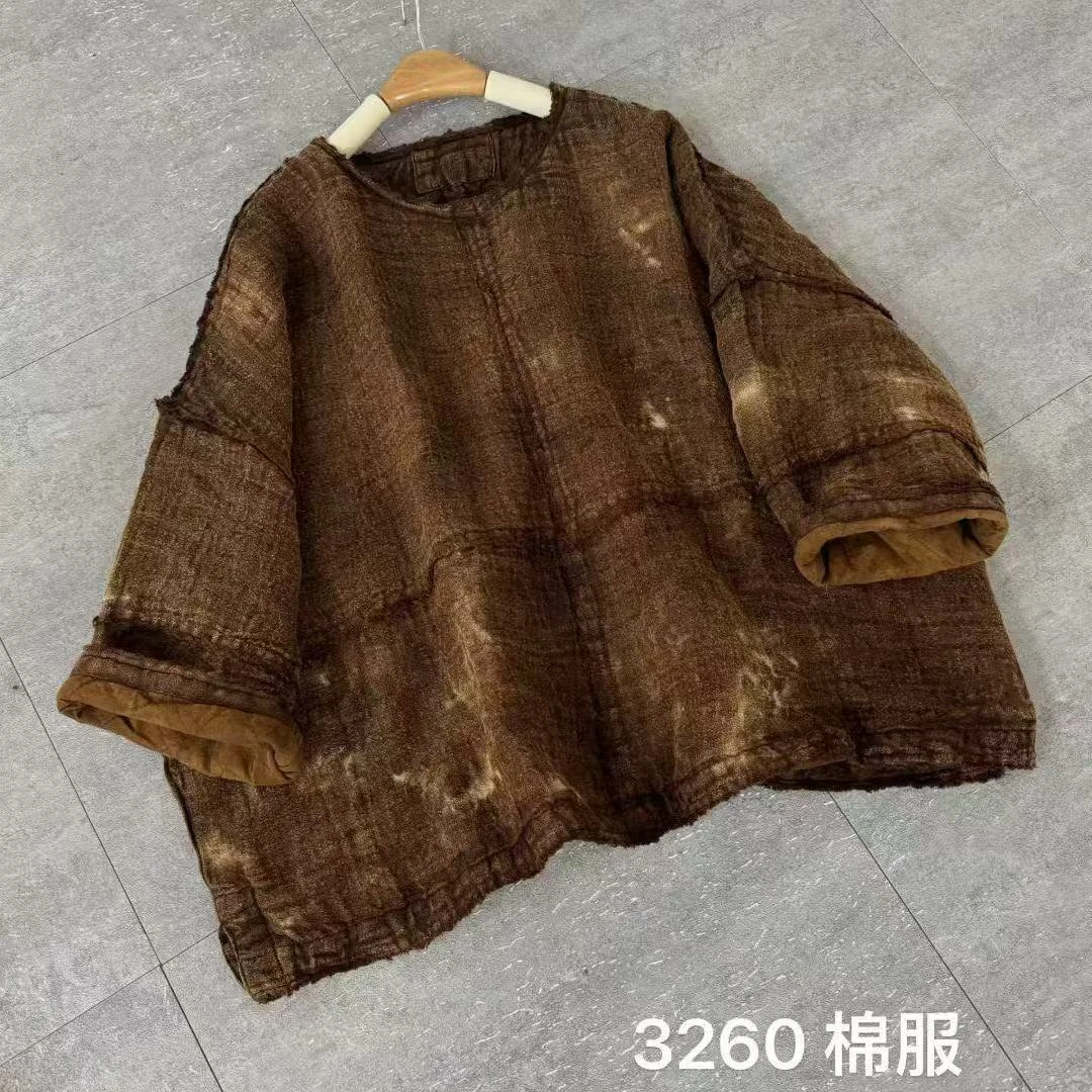 猫迷森林 订单款雨露亚麻棉衣套头文艺扎染冬款上衣显瘦3260-1