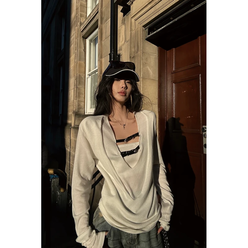 韩好甜WARDEN EDGE云途轻驰 白色假两件T恤女设计感辣妹毛织上衣