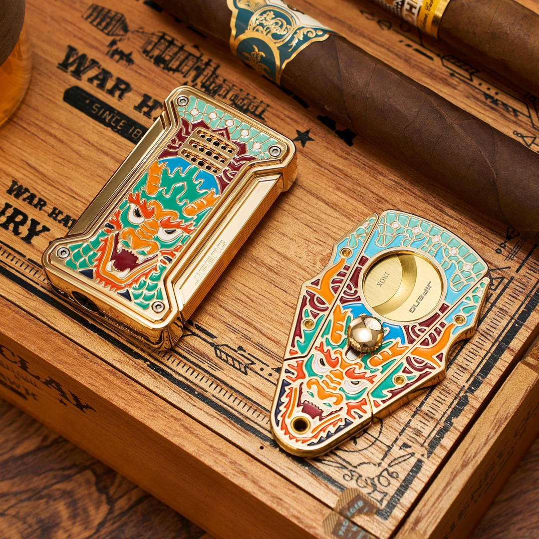 JIFENG季风雪茄剪刀平剪开孔充气直冲打火机套装合金属送礼盒龙纹