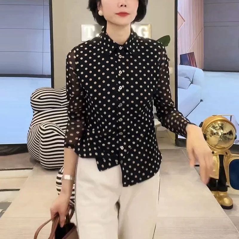 春季爆款时尚减龄黑色波点印花衬衫女韩系高级感修身显瘦休闲衬衣