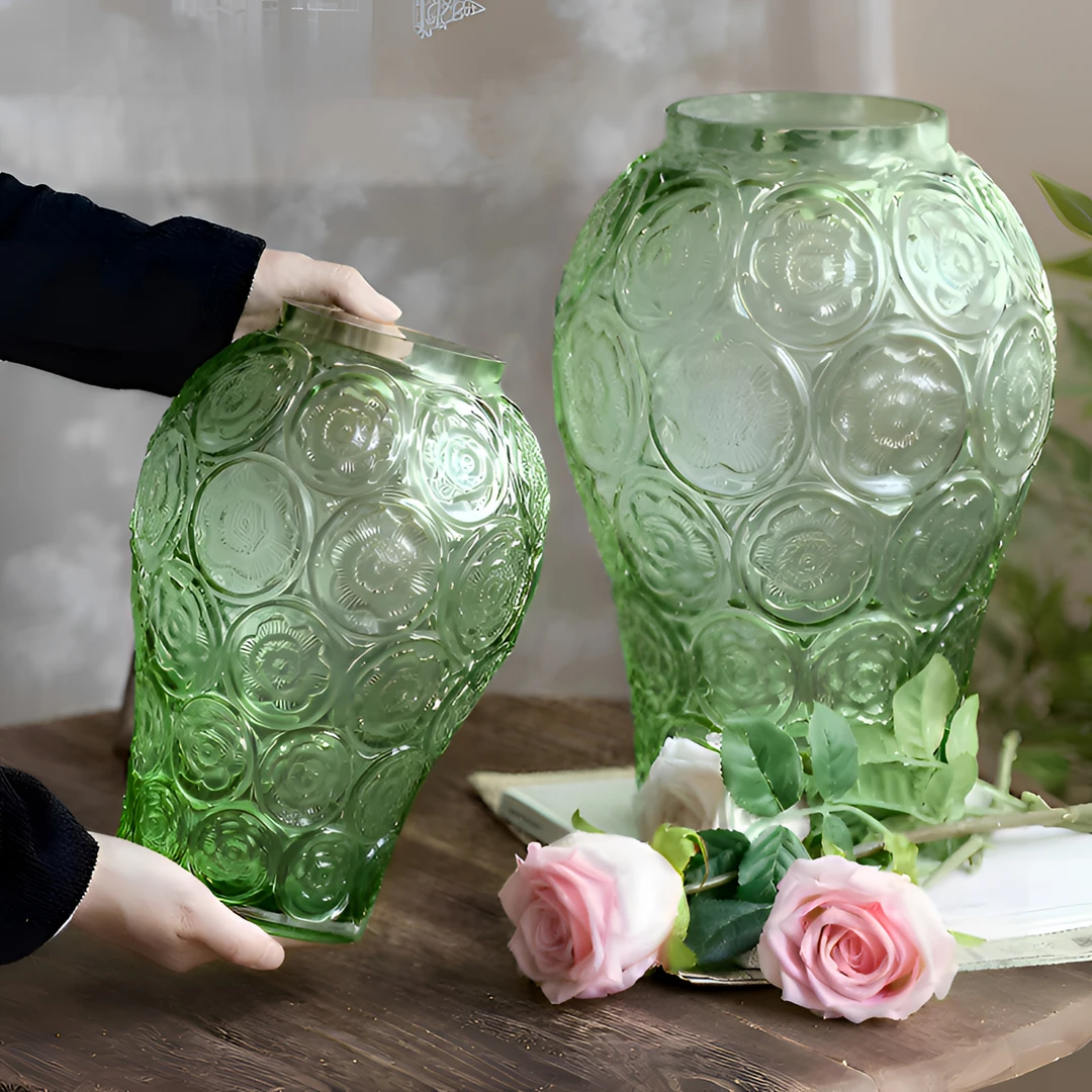 LZJV现代简约大口玻璃花瓶加厚中古高档浮雕鲜花水培插花客厅花瓶