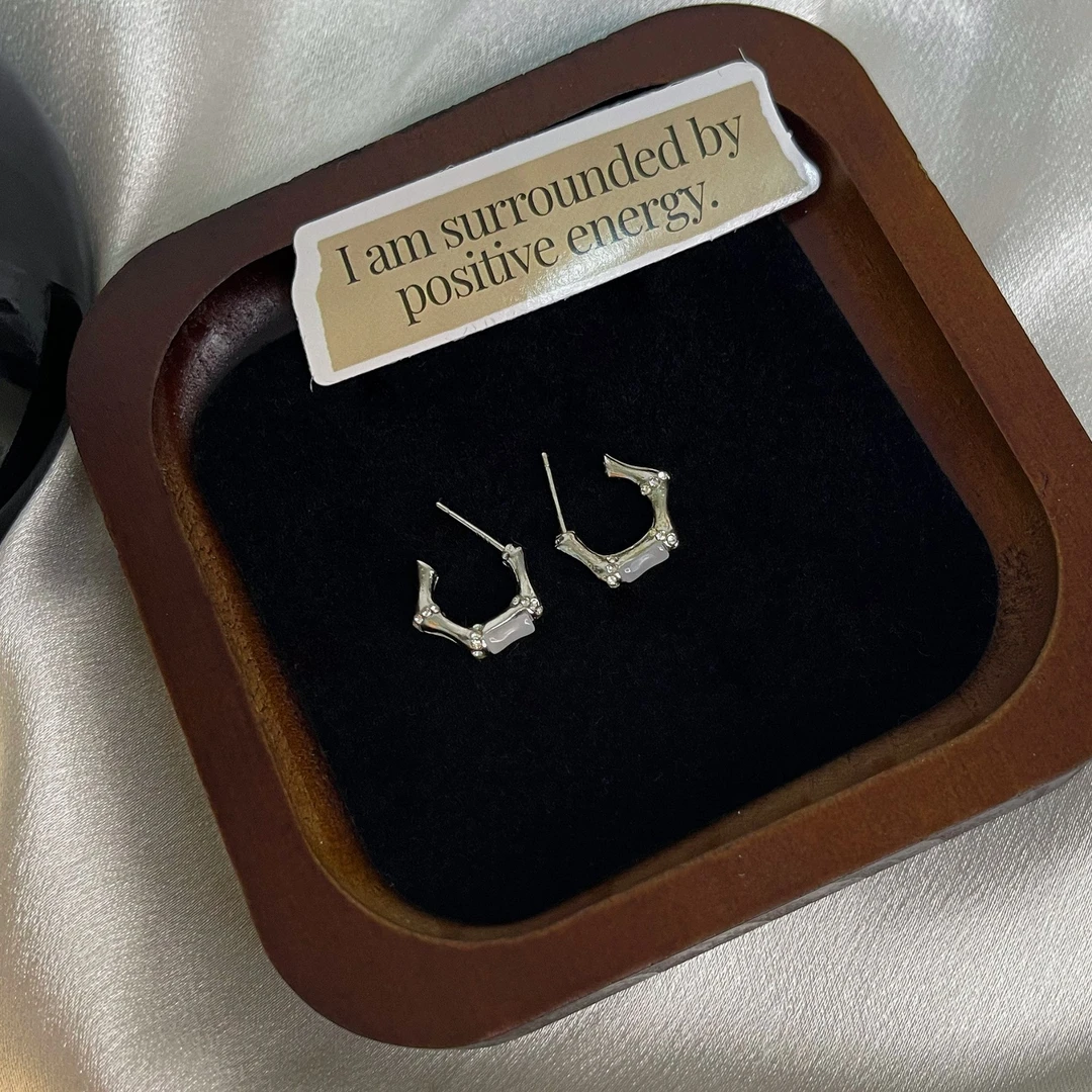 合金合成锆石耳饰 新中式耳饰猫眼石竹节耳钉小众气质耳环方圆脸