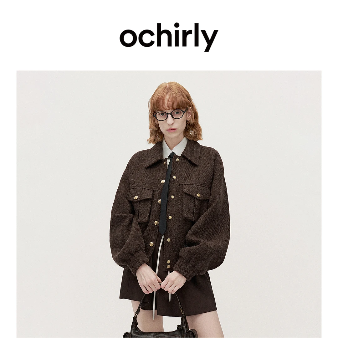 ochirly 小香风澳大利亚羊毛呢工装夹克外套女秋冬新品
