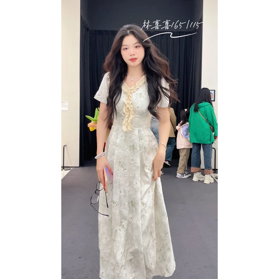 冷萃茉莉  碎花显瘦时尚复古收腰法式中长款设计感V领连衣裙