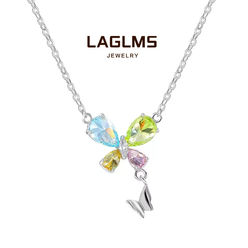 LAGLMS 坠链均925银合成锆石 蝴蝶项链彩色多巴胺时尚轻奢气质