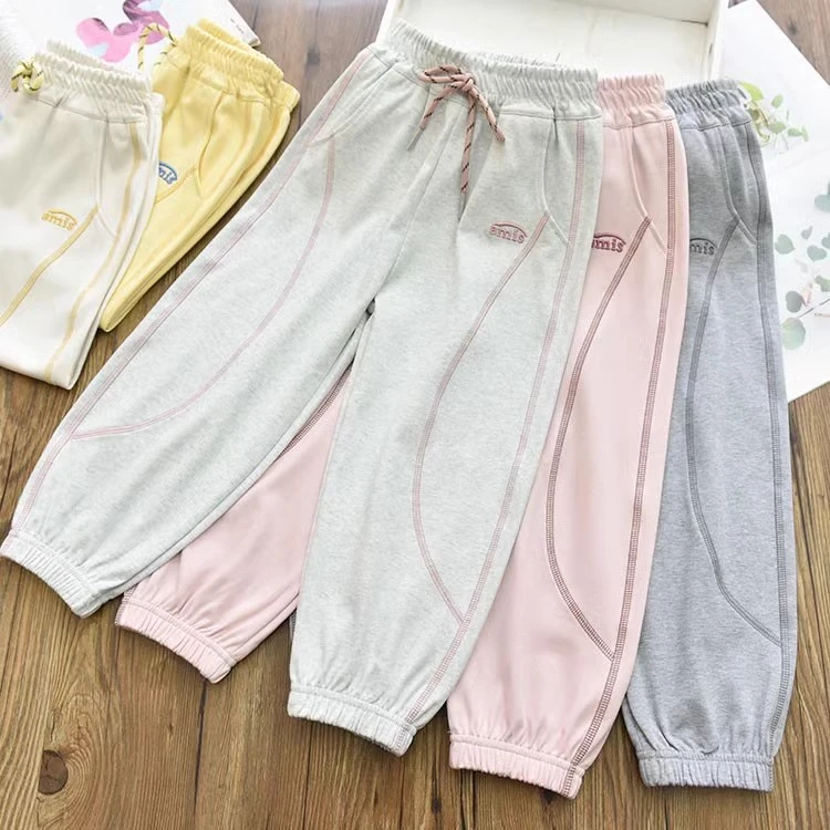 女童夏季薄软透气凉爽麻丝线拼色束脚运动卫裤 中大儿童百搭长裤