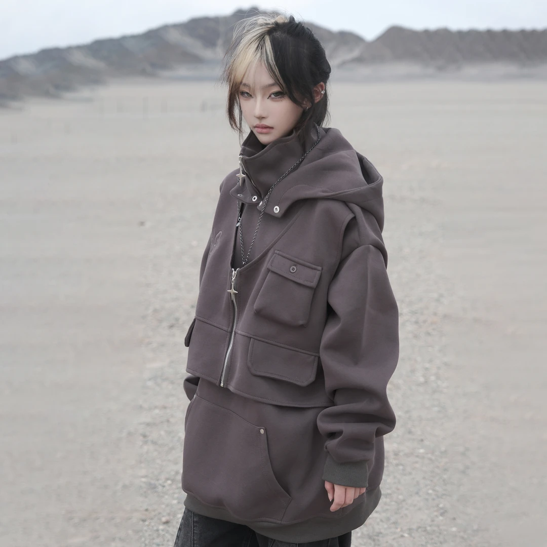 ZCNT逅来者-秋季美式假两件解构多口袋工装连帽男女上衣