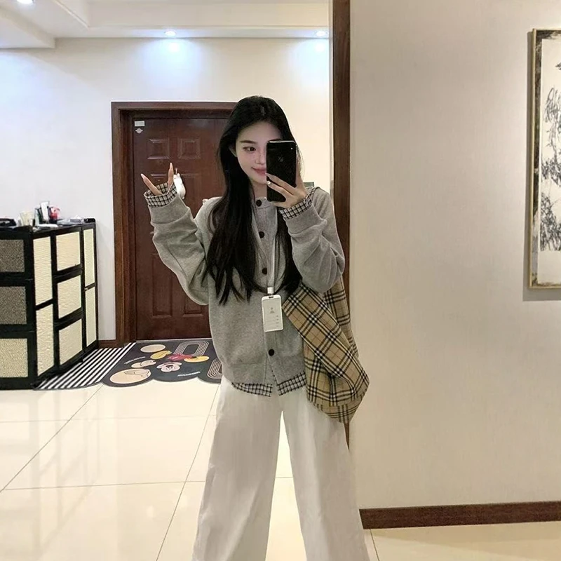 假两件格子拼接卫衣外套春秋百搭棒球服开衫松弛感宽松外搭短外套