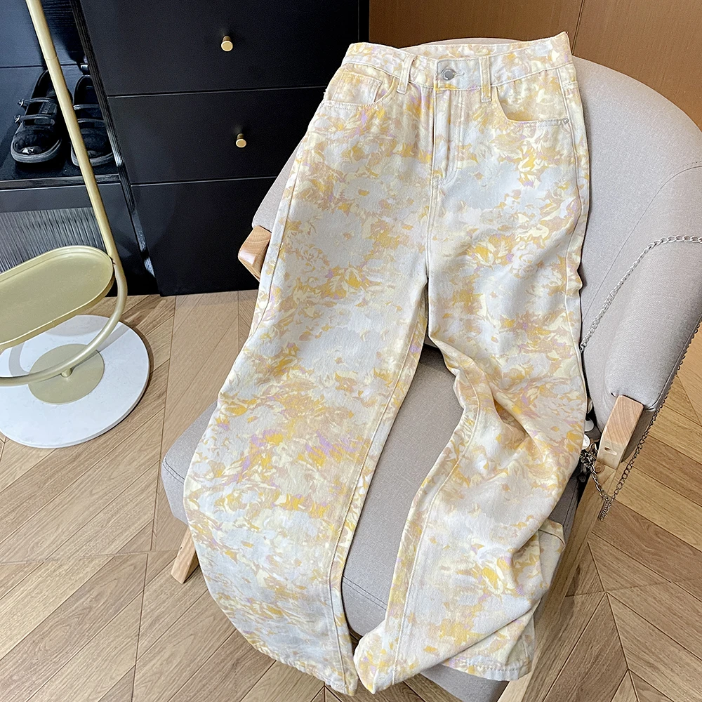 黄色设计感牛仔休闲阔腿裤女夏季扎染油画花卉印花宽松直筒长裤子