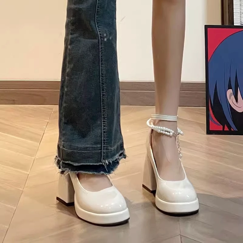 法式珍珠仙女风一字扣带粗跟单鞋伴娘鞋玛丽珍鞋子防水台高跟鞋女