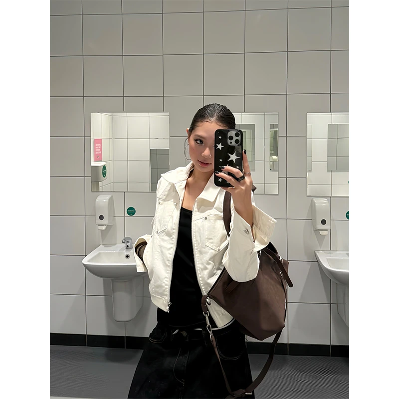 美式复古铆钉短款夹克高级质感翻领外套女秋季款辣妹休闲百搭上衣