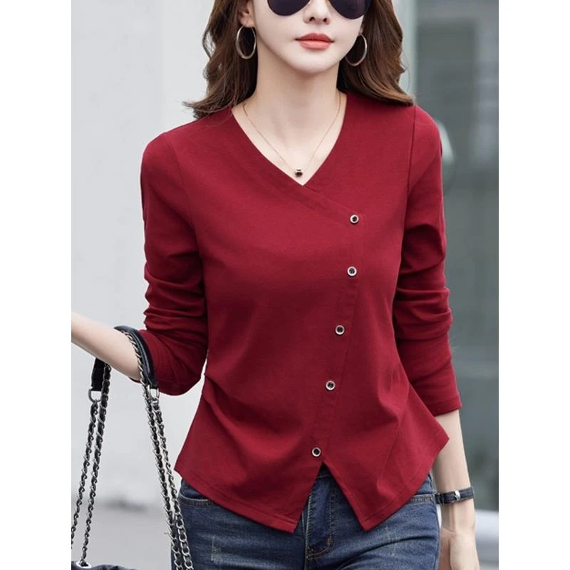 95棉v领长袖t恤女2025春秋大红色宽松外穿高级感收腰洋气小衫