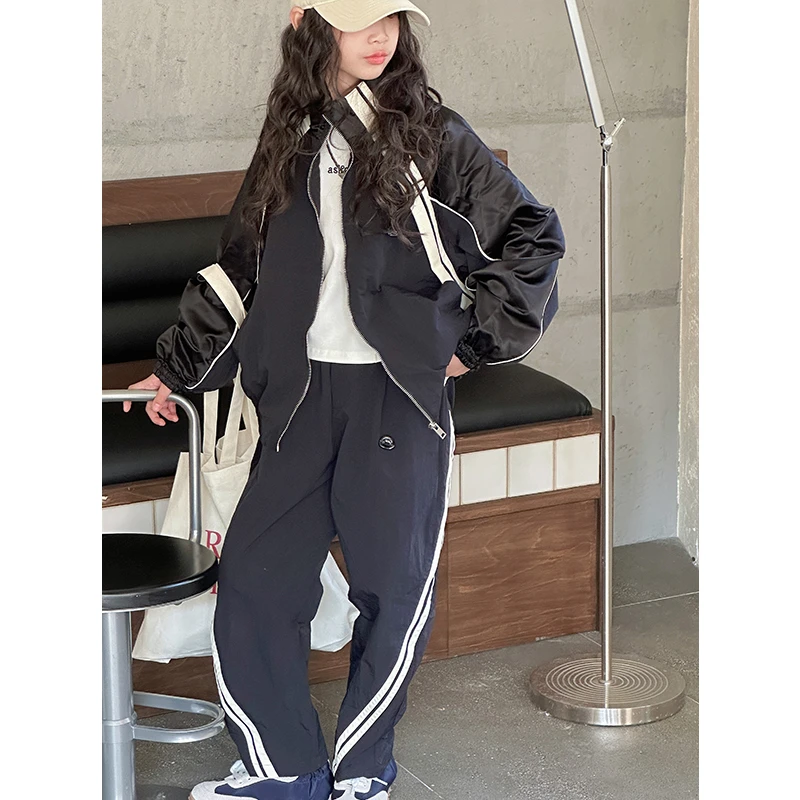 K27283亮面拼接女童运动套装2025春装新款儿童两件套休闲衣服时髦