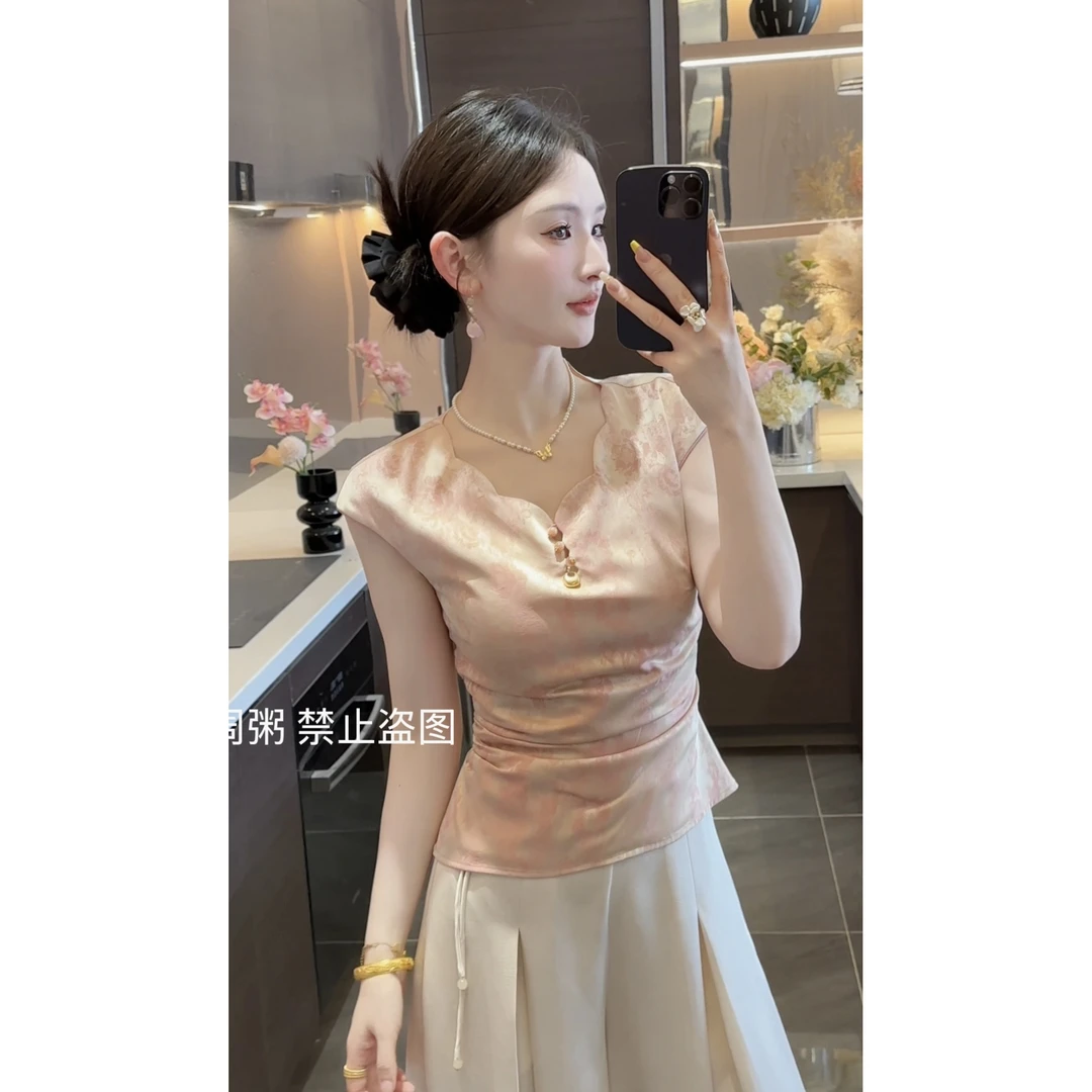 【周粥】【得愿】2025新款新中式粉色花瓣领气质收腰上衣预JJX5SY3946