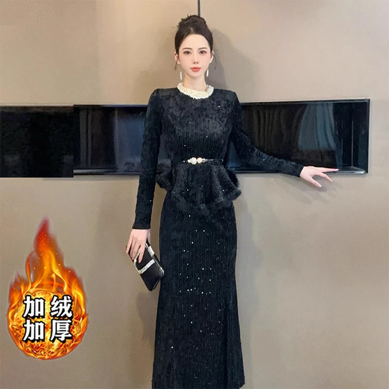 【加绒加厚】【含腰带】连衣裙女秋冬季轻奢修身显瘦晚礼服LJ0263