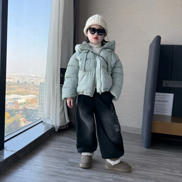 女童韩版冬装棉服加厚短款保暖面包服棉衣外套中大童加绒卫裤套装