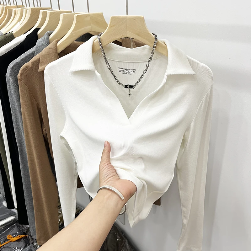 白色螺纹翻领长袖t恤女2024春秋新款修身显瘦洋气v领纯色百搭上衣