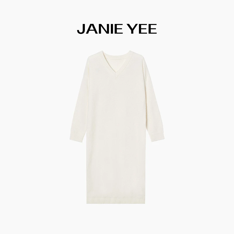 Janie Yee“珍珠羊绒” 高定100山羊绒V领直筒宽松连衣裙女 24A1276