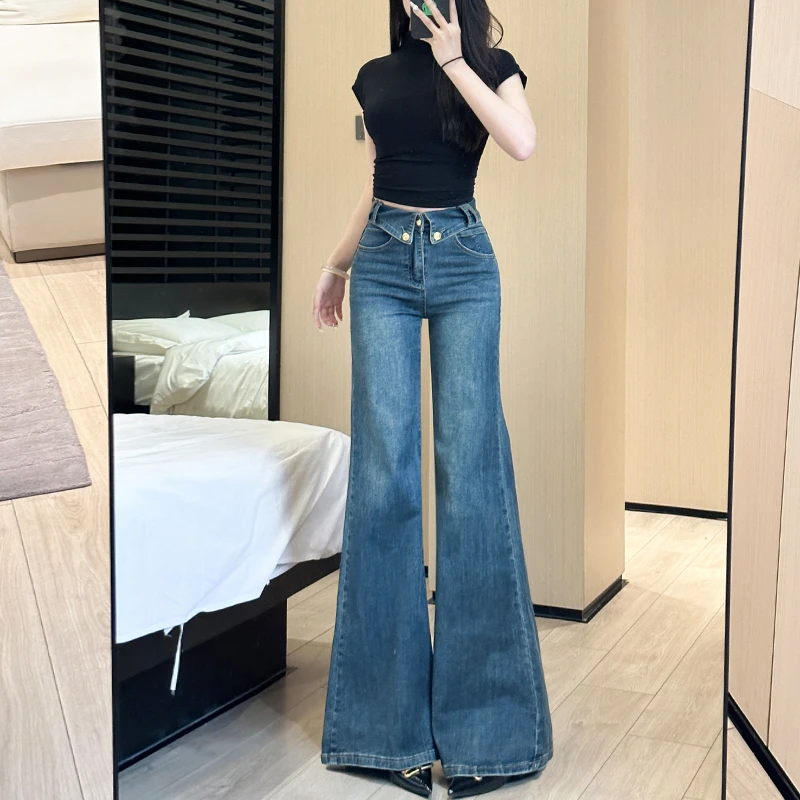 怀旧蓝微喇牛仔裤女2025年春季新款高腰修身显瘦显高弹力宽松百搭