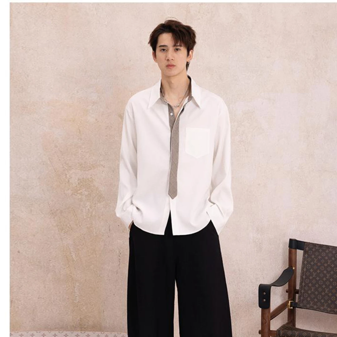 S123 2025秋季新品 假领带撞色设计长袖衬衫学院风简约休闲上衣男