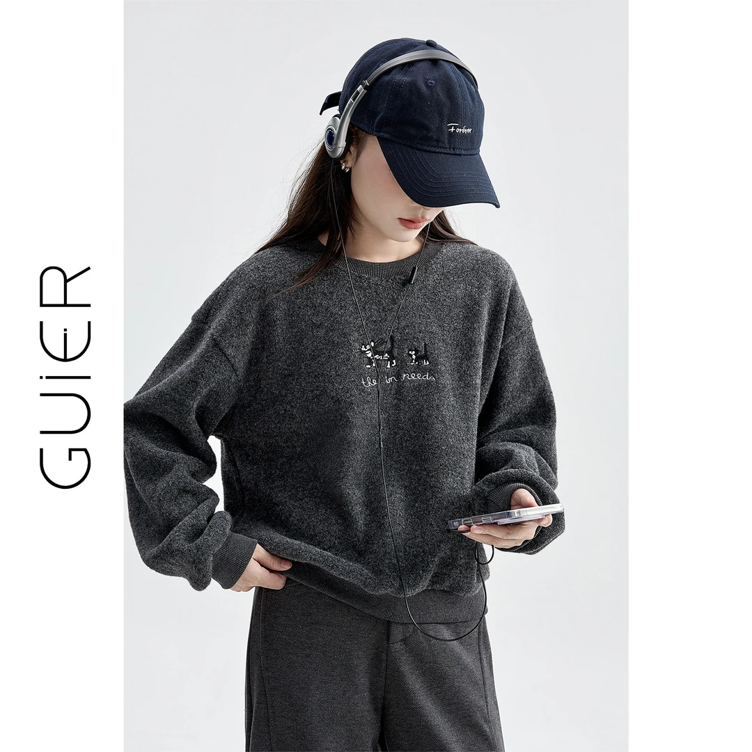 圆领加绒卫衣女冬季2025新款刺绣小狗宽松显瘦休闲上衣SS7262