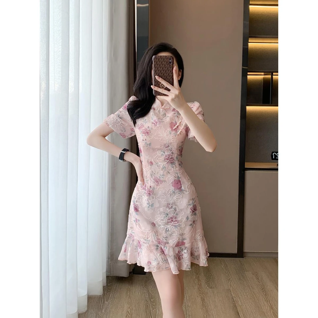 夏季新款改良旗袍连衣裙女修身复古盘扣雪纺碎花鱼尾裙字长裙聚