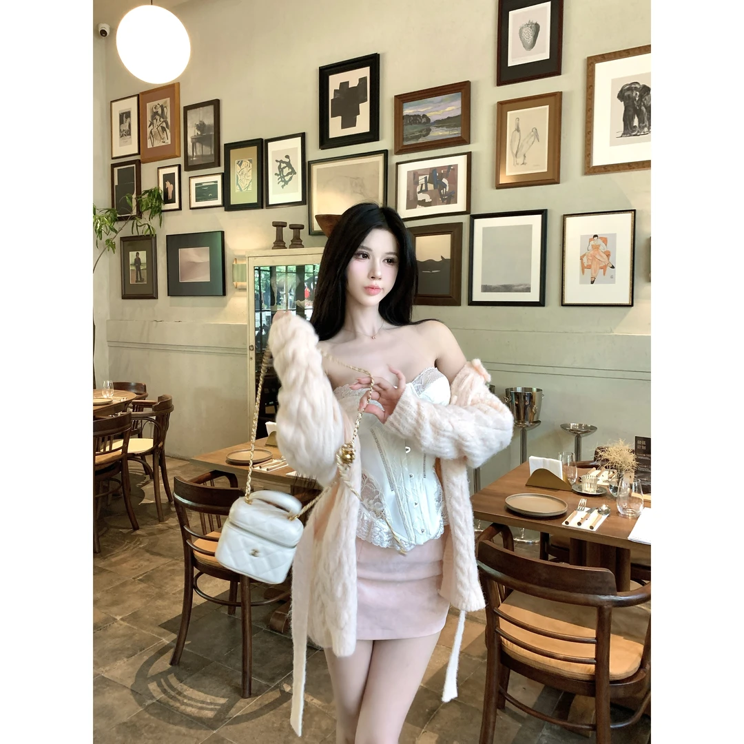 灰尘邓邓 粉色V领秋季新款慵懒风宽松开衫外套两件套D25N3722