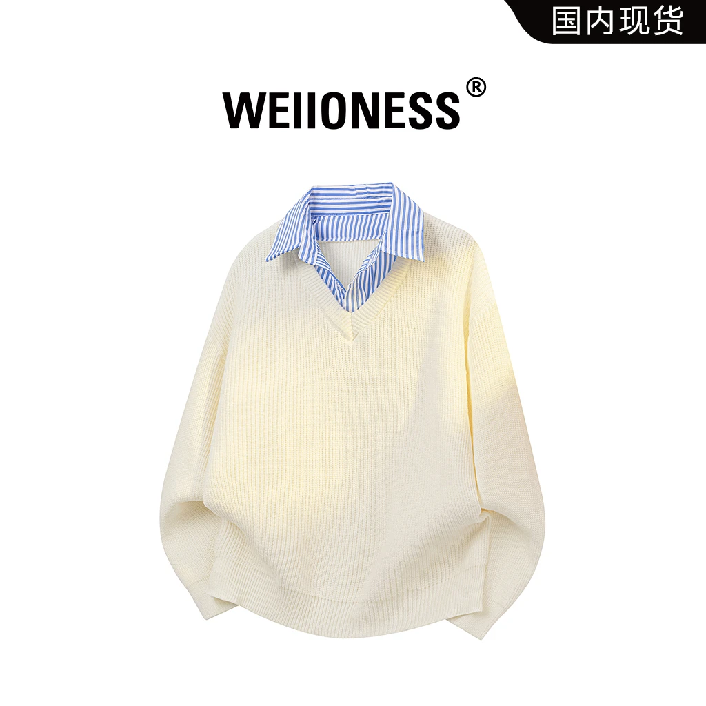 WEIIONESS假两件翻领针织衫男秋冬季毛衣时尚百搭上衣学院风男装