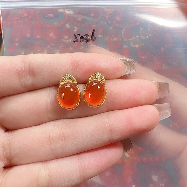 南红玛瑙银S925镶嵌耳饰