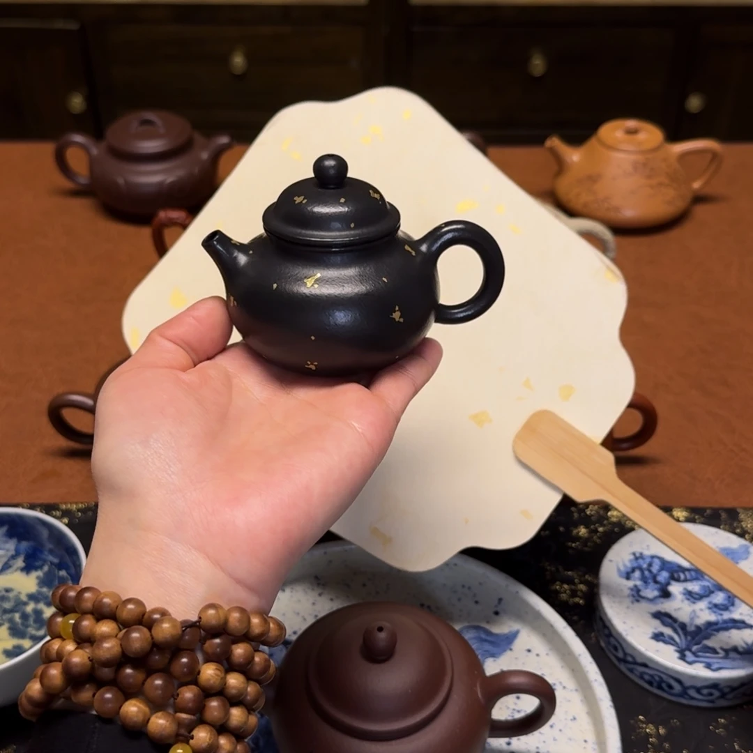 紫砂茶壶135cc，容天壶，小煤窑朱泥捂灰加描金