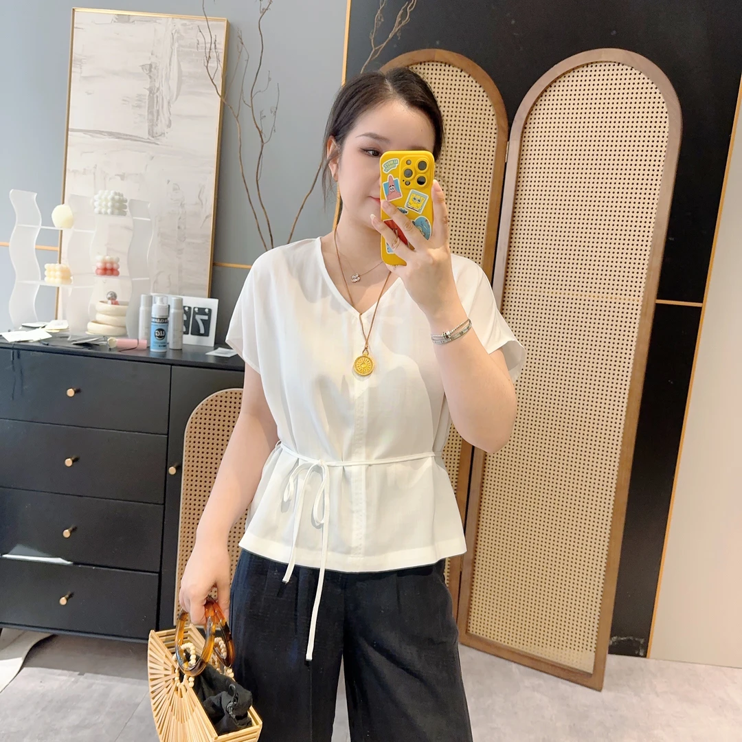 【欧加粒粒】韩系V领系绳收腰设计感衬衫2025夏宽松显瘦气质 F2962