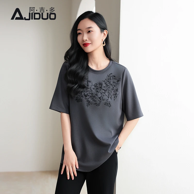 阿吉多灰色短袖t恤女夏季新款钉珠绣花圆领大码宽松简约高级上衣