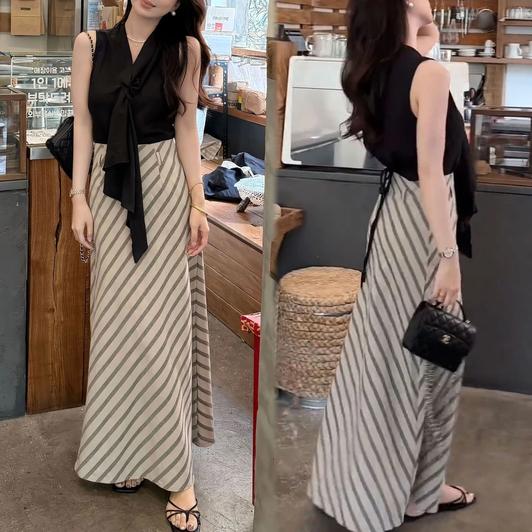 轻熟风2025夏季新款时尚洋气无袖背心上衣条纹百搭半身裙两件套潮