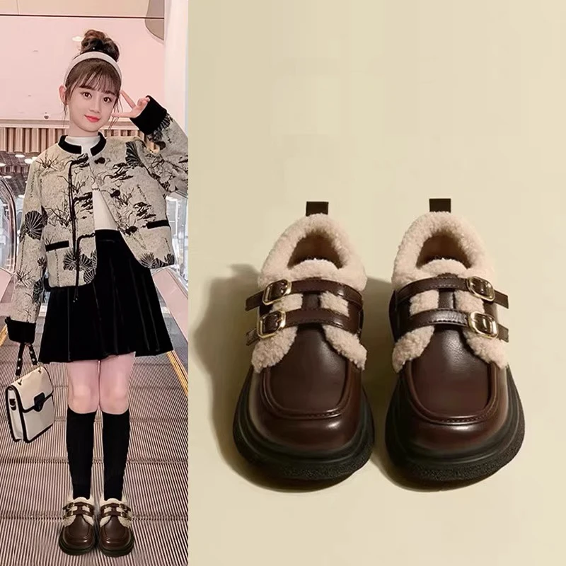 女童棉鞋2025新款小公主毛毛鞋大童乐福鞋加绒皮面黑色小皮鞋女童