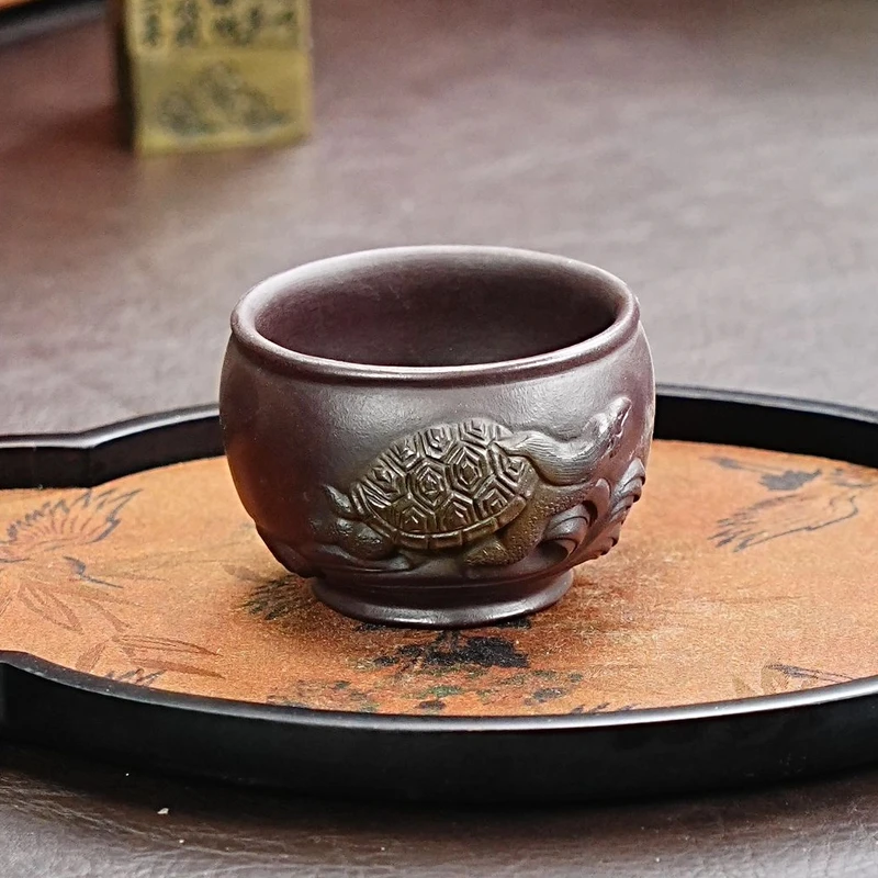 【2911龙龟异形杯】宜兴原矿紫砂手工泥绘龙龟异形杯 主人杯