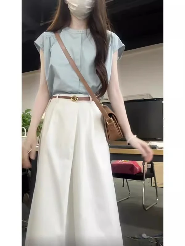 蓝色无袖衬衫女2025年夏季新设计感小众上衣高腰休闲百搭半身长裙