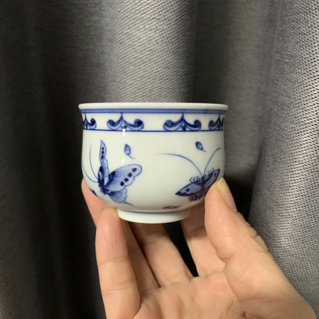 宋墨山房气窑蝴蝶炉士杯手绘现代瓷微瑕